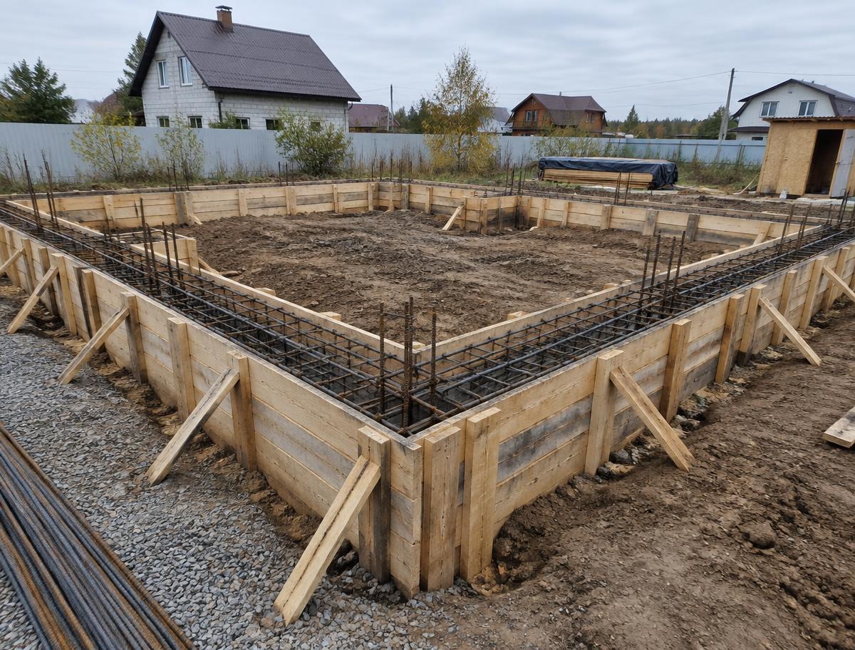 Concrete perimeter foundation formwork with rebar